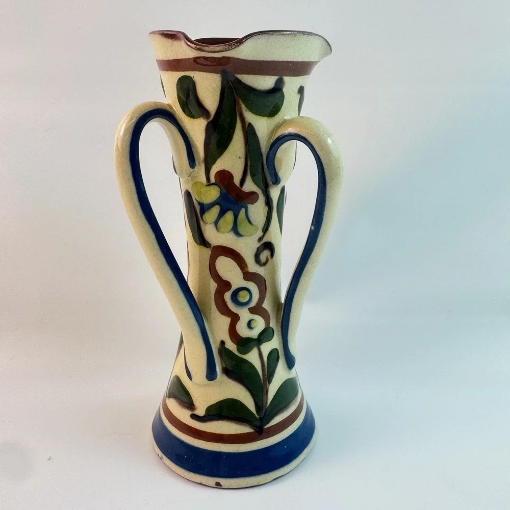 ART NOUVEAU VASE Motto Ware Triple Handled Vase Torquay Pottery Scarce FLAWED
